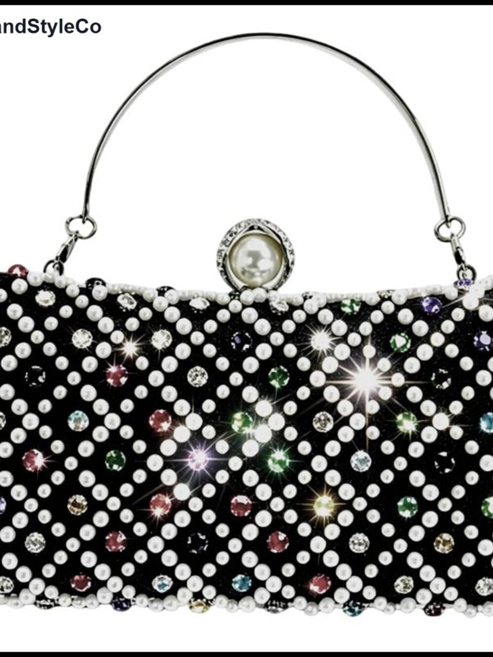 Hand-Beaded Pearl Crystal Evening Clutch Hard Shell Handle